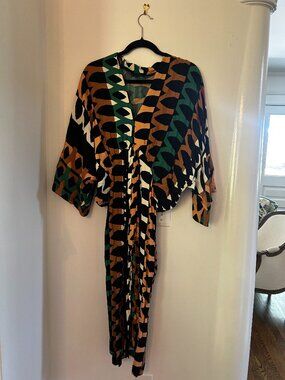 ZARA Woman Printed Midi Dress – Green & Brown Abstract, Tie Waist